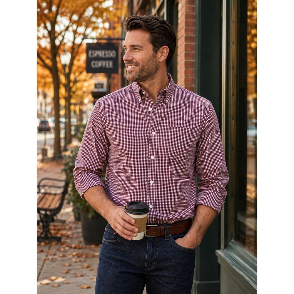 Eddie Bauer Mens Large Burgundy Gingham Wrinkle Free Button Down Office Business